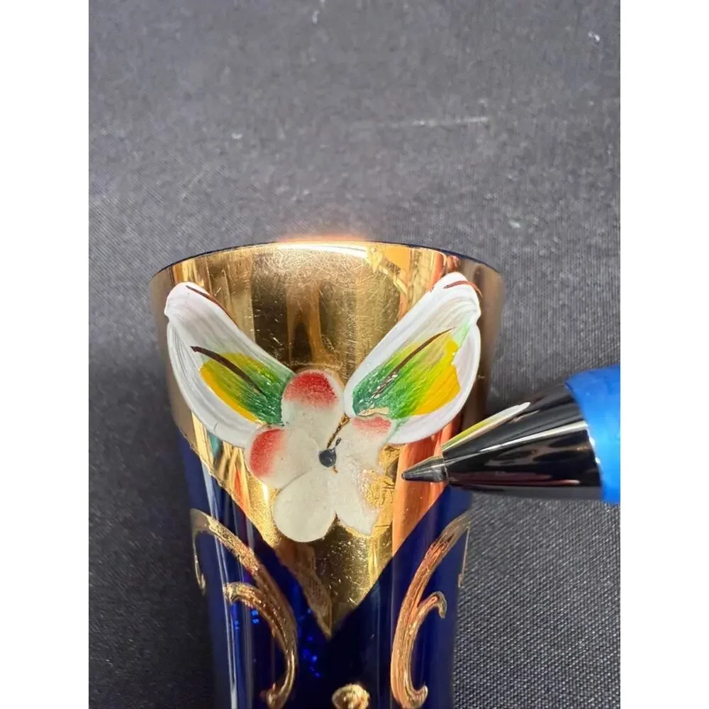 Cobalt Blue & Gold Bohemian Style Decanter (5) Shot Glasses Hand Painted Flowers